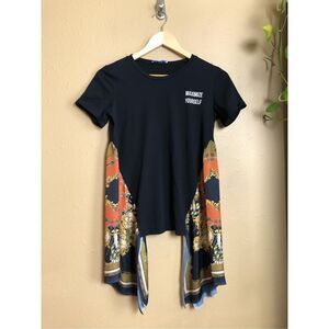 Zara Fashion black t-shirt with a colorful patterned scarf design SZ S
